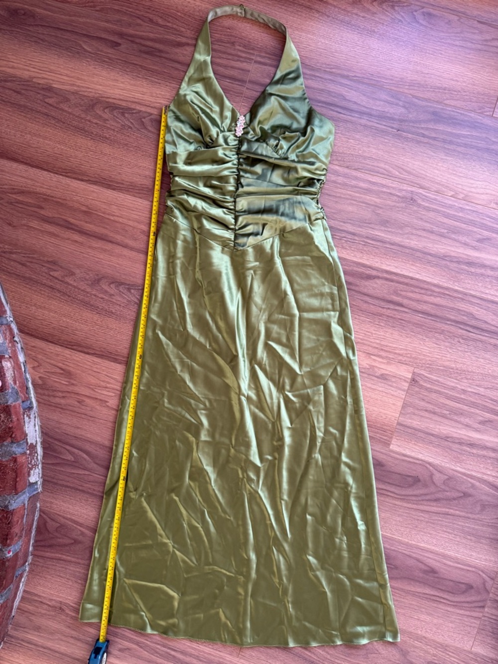 Vintage 90s Satin Slip Green Prom Dress Halter Rouched Maxi Gown Size 13/14 - Picture 17 of 17